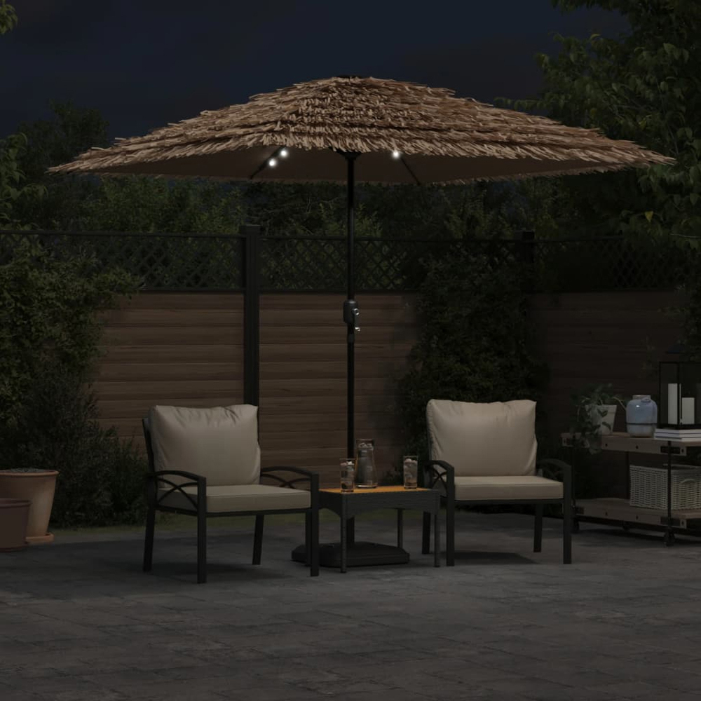 vidaXL Brown LED Light Straw Top Garden Parasol with Steel Pole 2.4m Image 2
