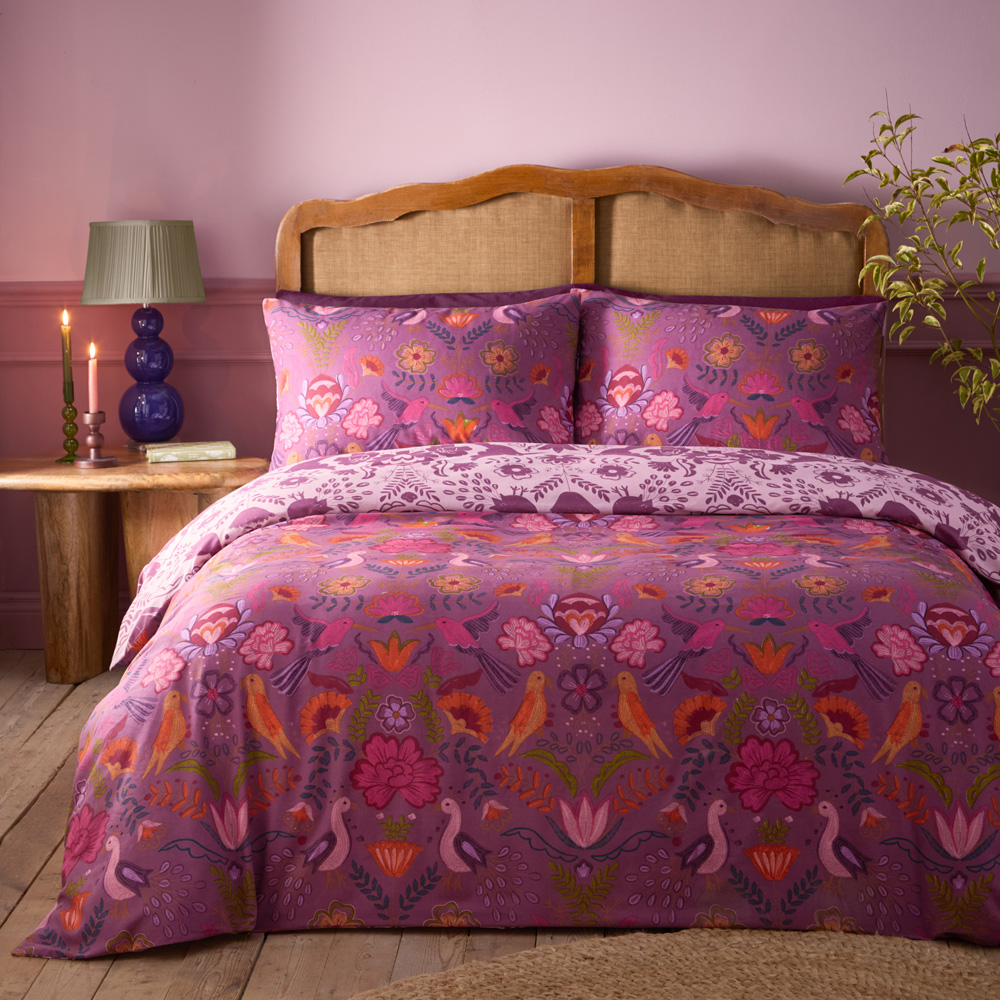 furn. Broderie Single Floral Reversible Damson Duvet Set Image 1