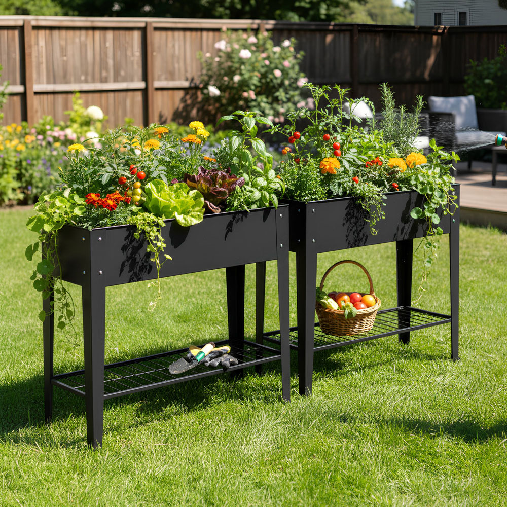 Harbour Housewares Anthracite Galvanised Steel Raised Garden Bed with Legs and Storage Shelf Image 4