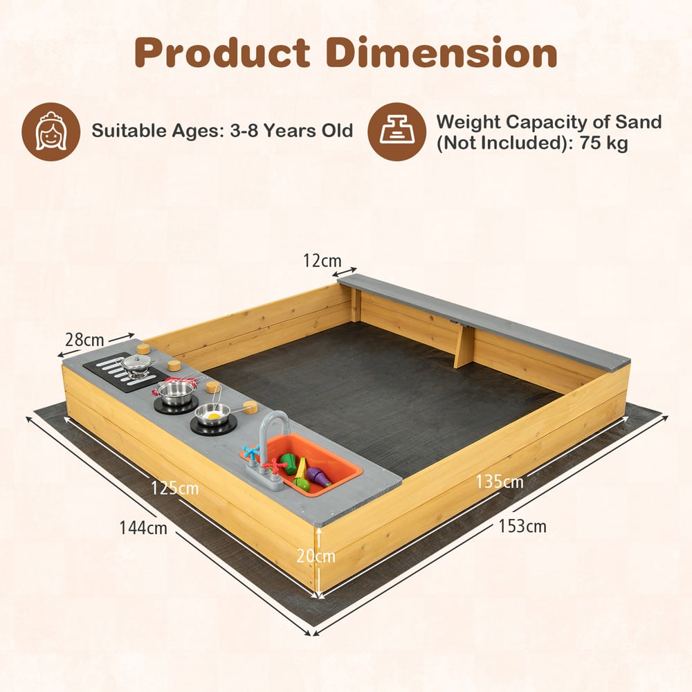 Costway Kids Kitchen Playset Sandbox with Bench Seat Image 9