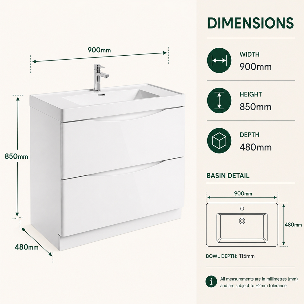Go Bathrooms Erin 2 Drawer Gloss White Floorstanding Vanity Unit with Resin Basin 900mm Image 7