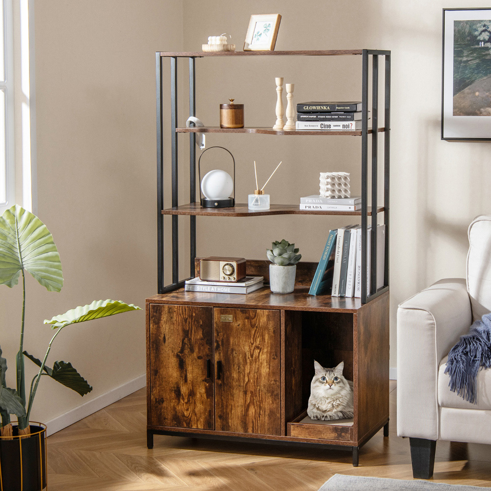 Costway Coffee Cat Litter Box with Shelves Image 4