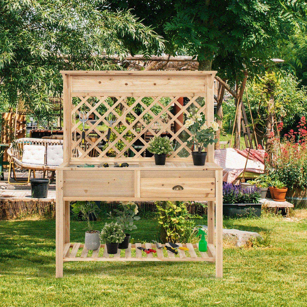 Costway 2 Drawer Garden Potting Bench Table with Open Shelf Image 3