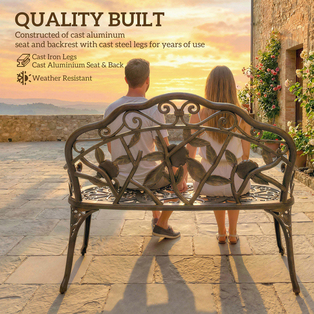 Outsunny 2 Seater Brown Vintage Rose Style Cast Aluminium Garden Bench Image 3