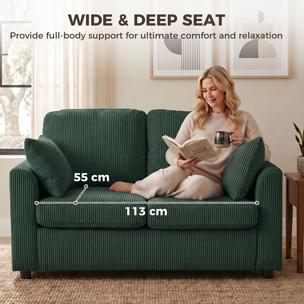 HOMCOM 2 Seater Dark Green Corduroy Upholstered Small Couch Sofa with Spring Cushion Image 4