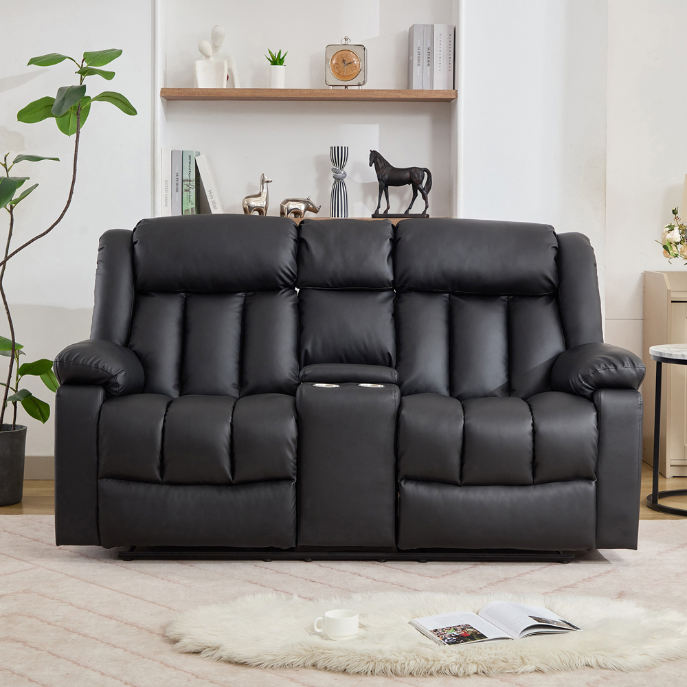 Artemis Home Sheridan 2 Seater Black Leather Manual Recliner Sofa with Central Console Image 2