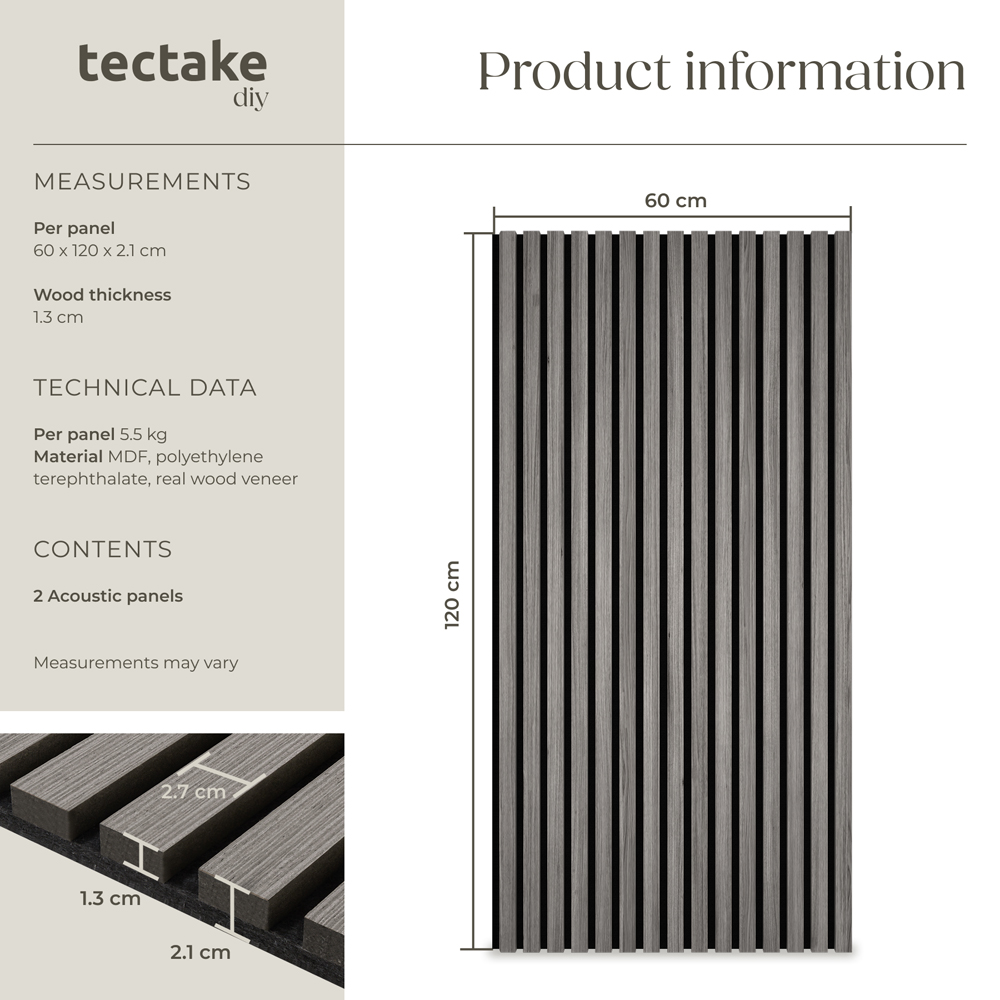 tectake Light Grey Oak Wood Effect Acoustic Wall Panel 2 Pack Image 8