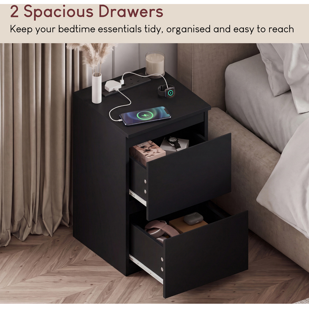 VIDA DESIGNS Denver 2 Drawer Black Bedside Chest with Power Outlet Image 5