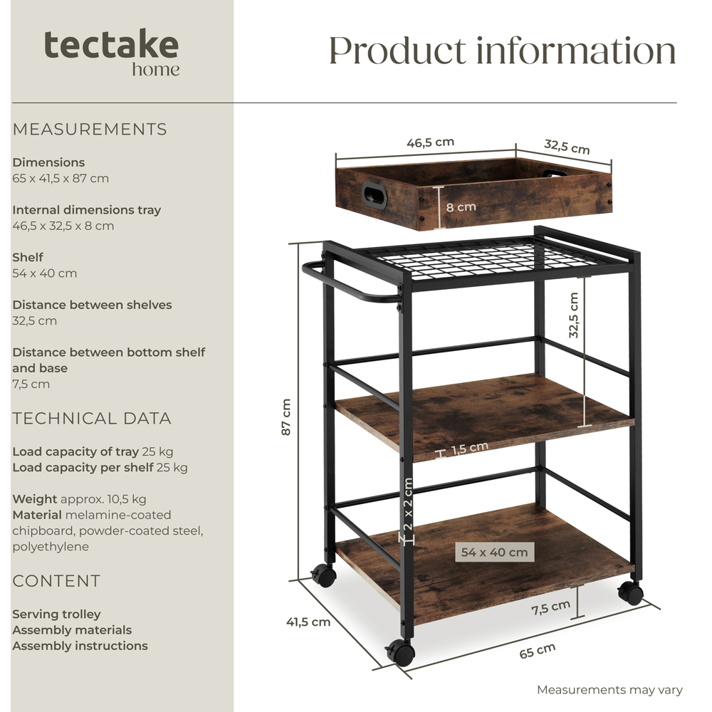 Tectake Worcester 3 Shelf Rustic Dark Wood Drinks Trolley Image 8