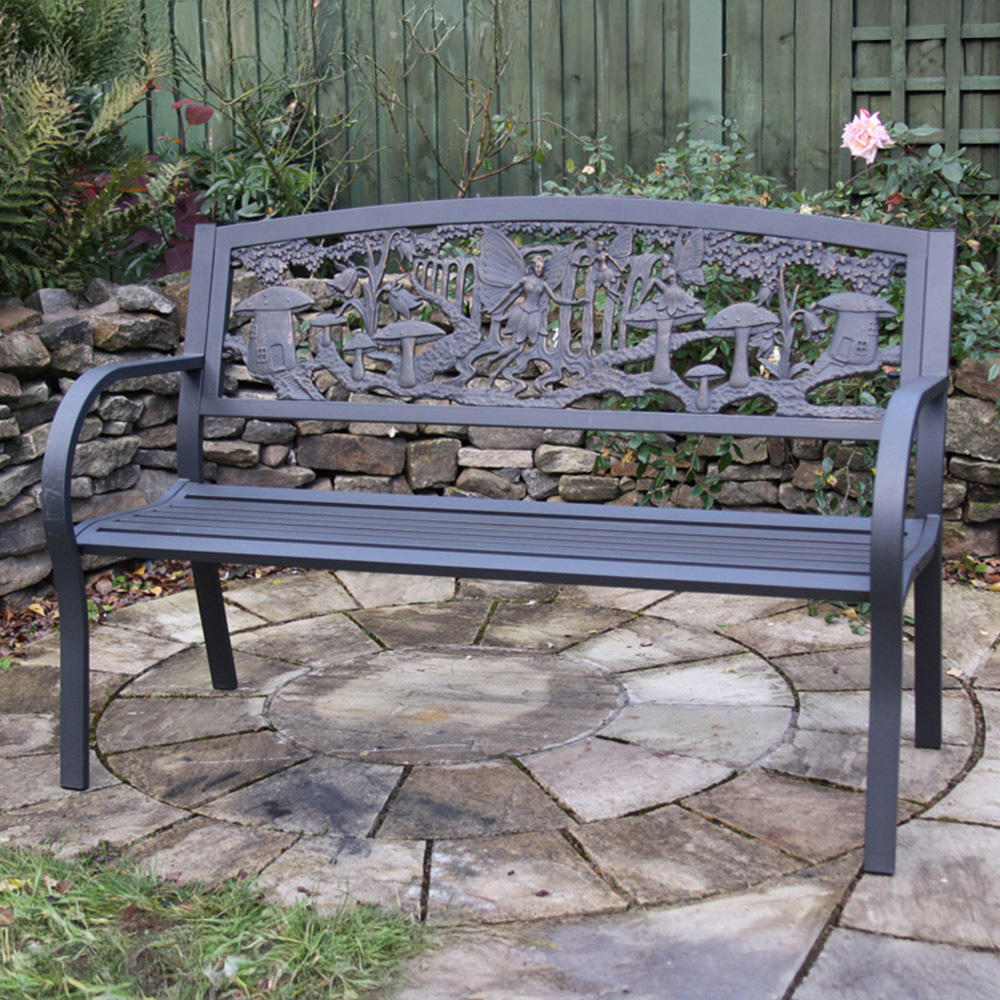 Gardeco 2 Seater Fairy Motif Black and Bronze Patina Steel framed Cast Iron Bench Image 1