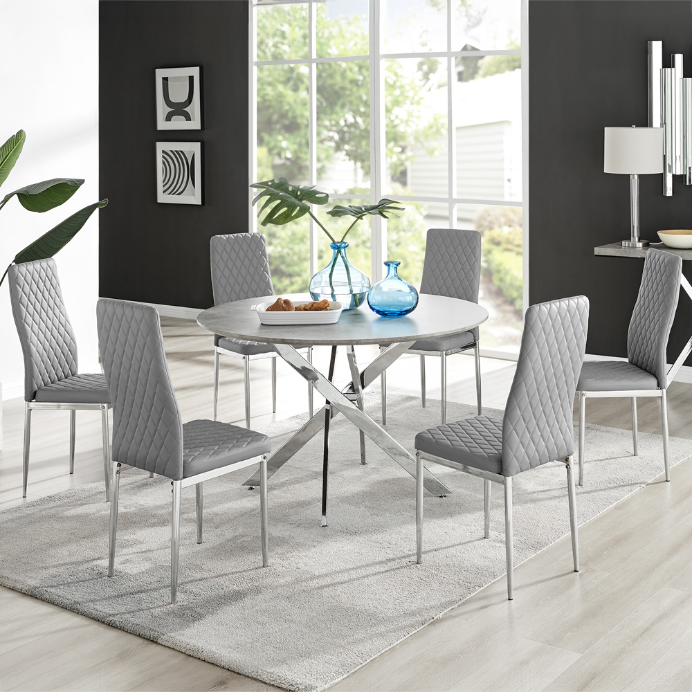 Furniturebox Arona Valera Concrete Effect 6 Seater Round Dining Set Grey and Chrome Image 1