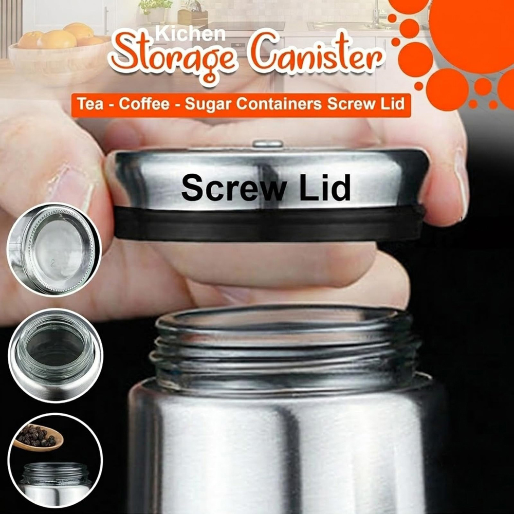 ATEK 3 Piece Tea Coffee and Sugar Silver Kitchen Canister Set Image 2