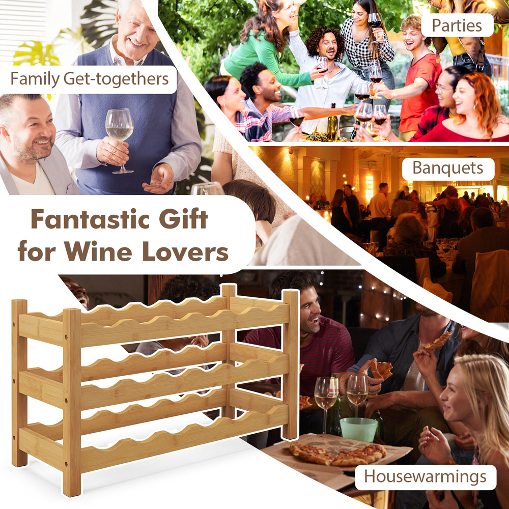 Costway 3 Shelf Natural Wave Slot Bamboo Wine Rack Image 5