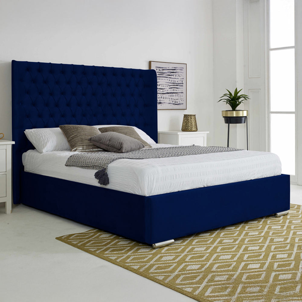 Eleganza Home Woodlake King Size Blue Plush Velvet Bed Frame with Chesterfield Headboard Image 1