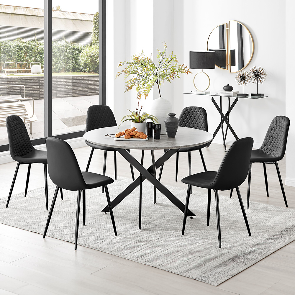 Furniturebox Arona Solara Concrete Effect 6 Seater Round Dining Set Grey and Black Image 1