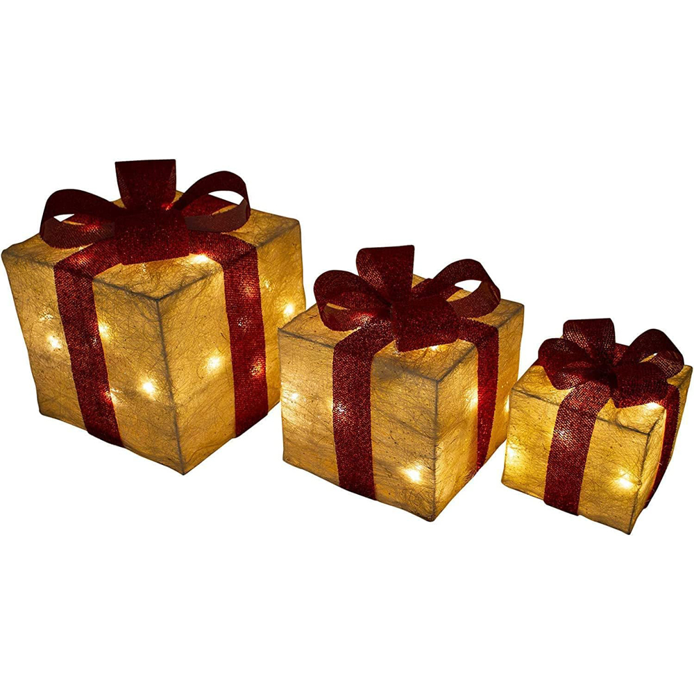 Shatchi Set of 3 Warm White LED Tartan Bow Rattan Parcels Image 2