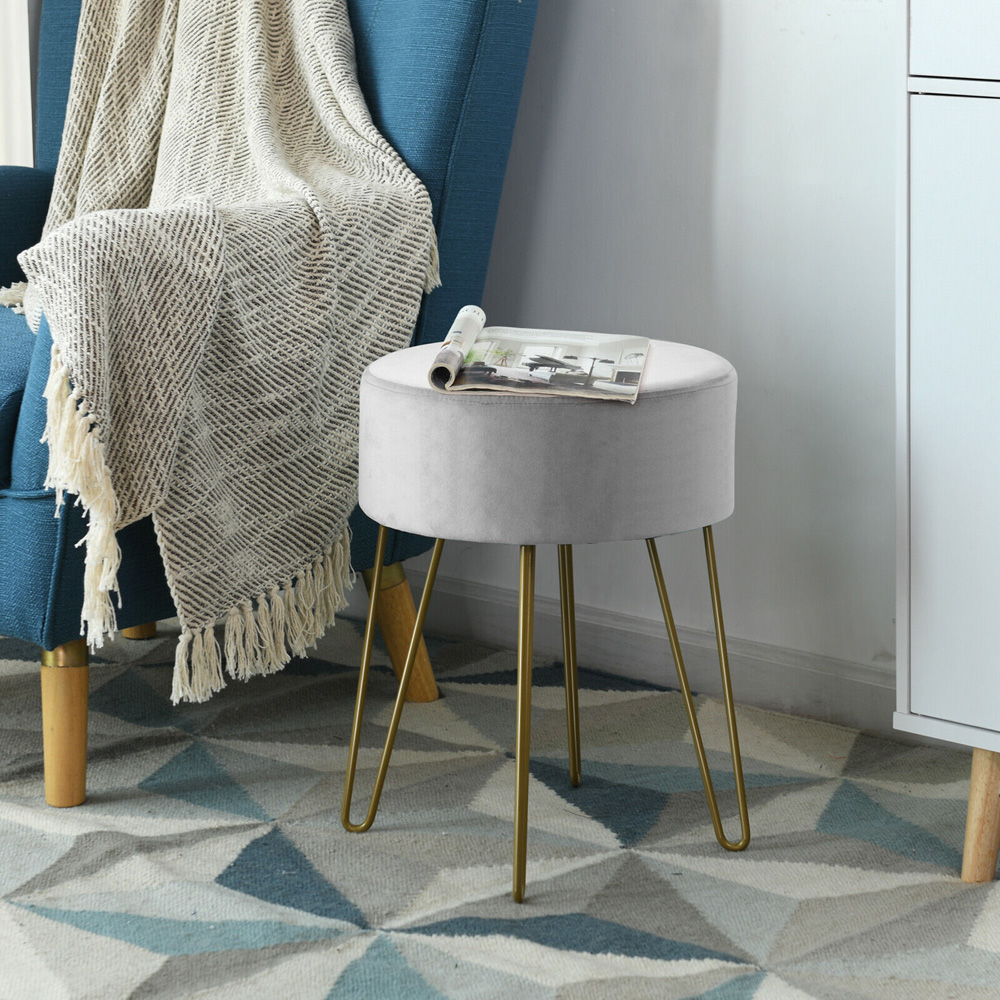 Costway Grey Velvet Round Footstool Image 4