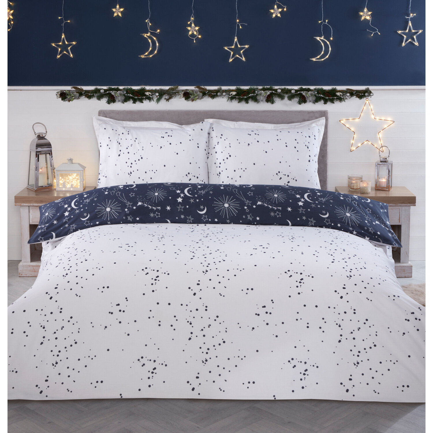 Christmas Night Sky Duvet Cover and Pillowcase Set - Navy / Double Image 2
