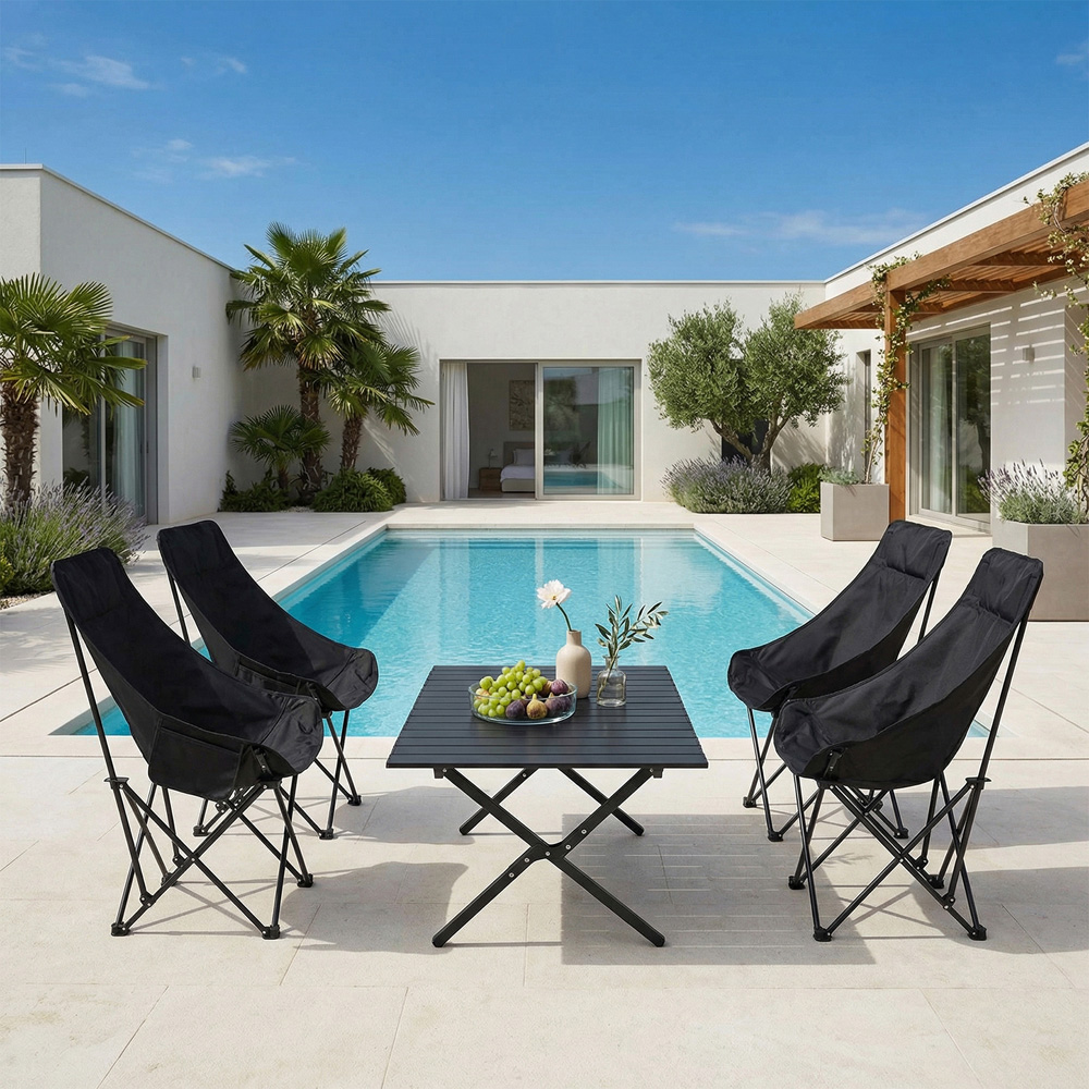Living and Home 4 Seater Black Foldable High Back Camping Table and Chair Set Image 2