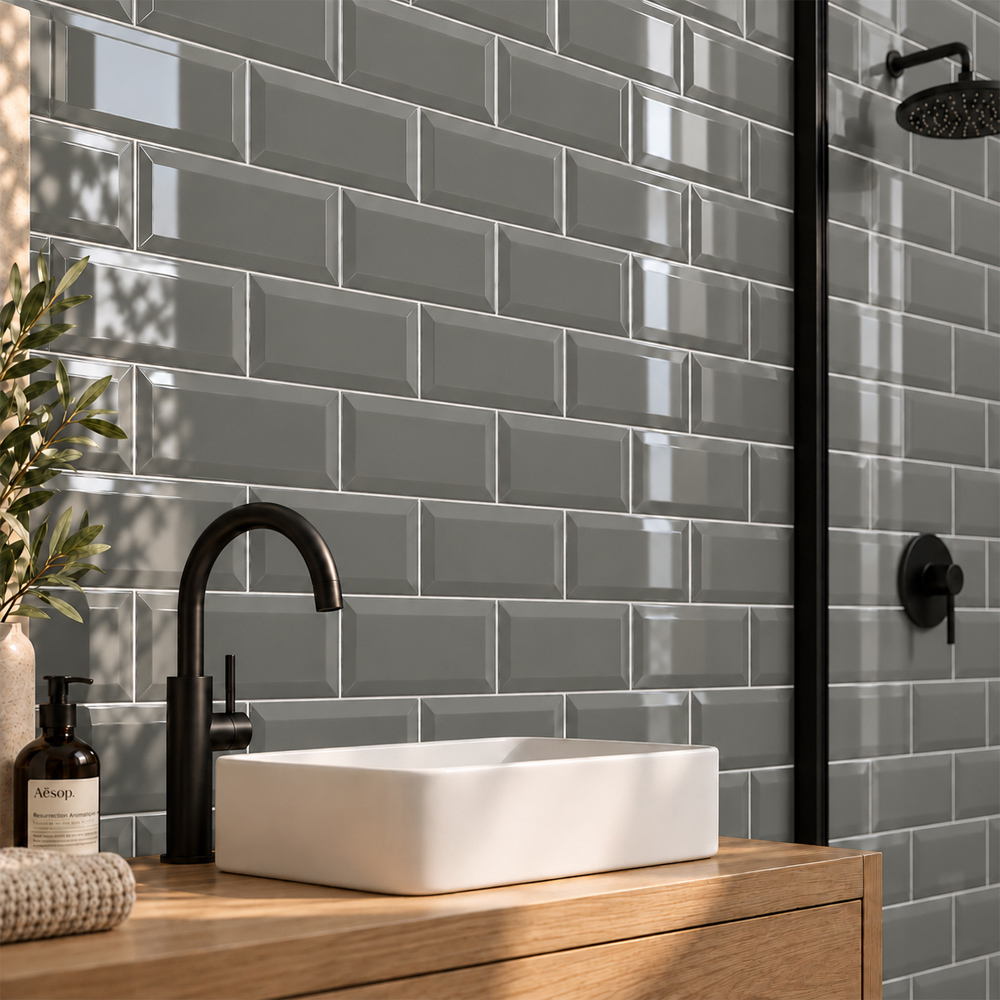 Go Bathrooms Metro Dark Grey Gloss Ceramic Wall Tile 100 x 200mm 50 Pack Image 3