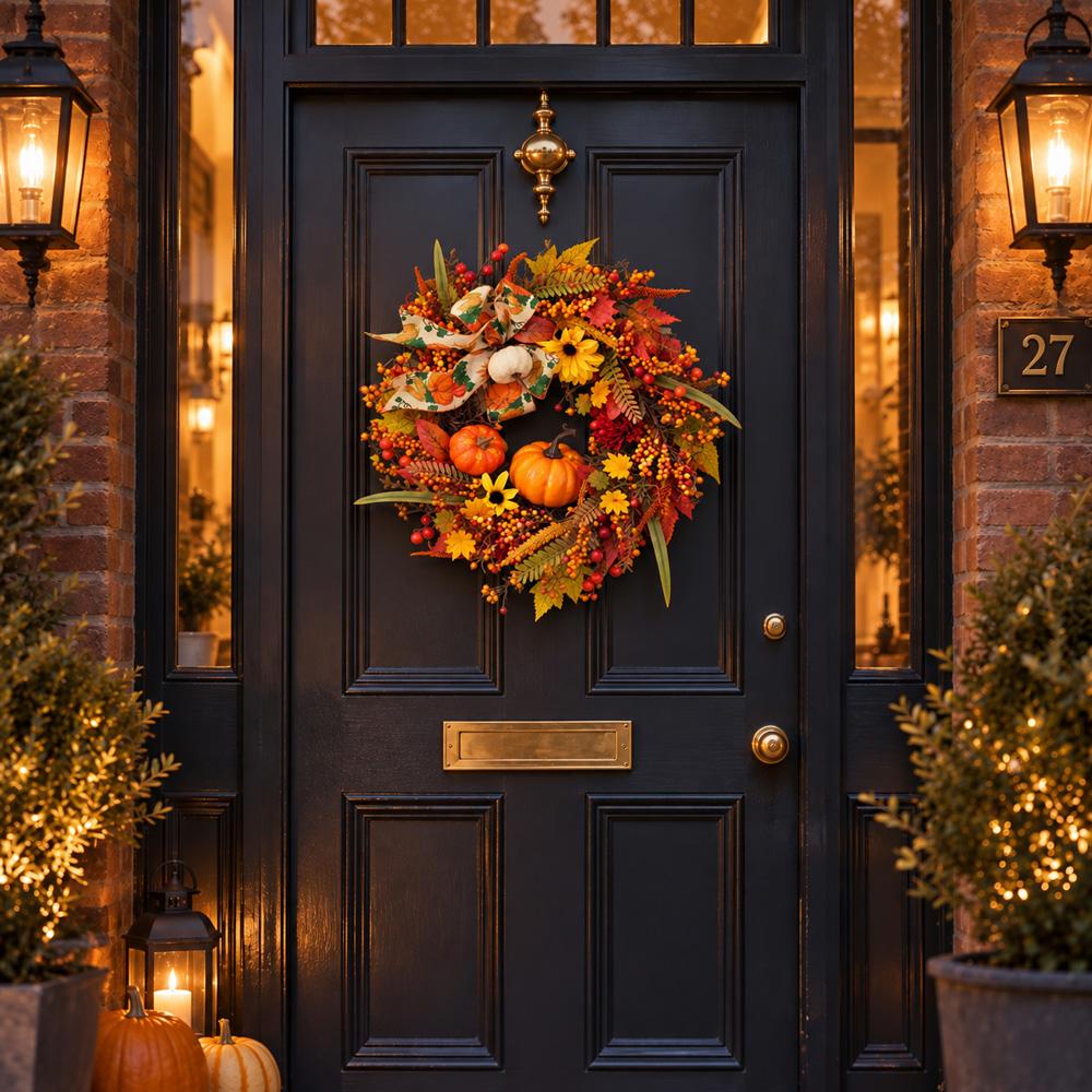 Neo Yellow Artificial Autumn Wreath with Pumpkins and Sunflowers 50cm Image 2