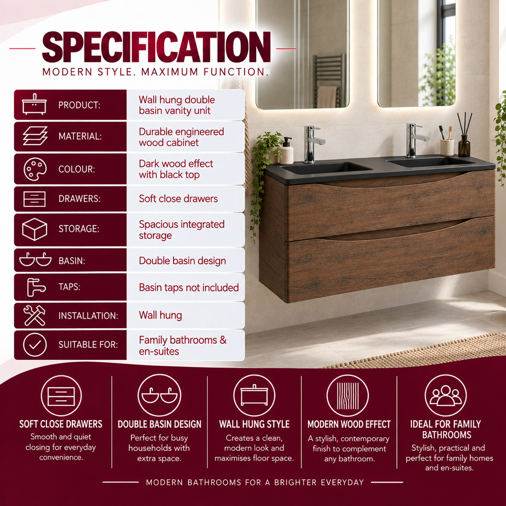 Go Bathrooms Erin 2 Drawer Rosewood and Grey Wall Hung Vanity Unit with Glass Basin 1200mm Image 6