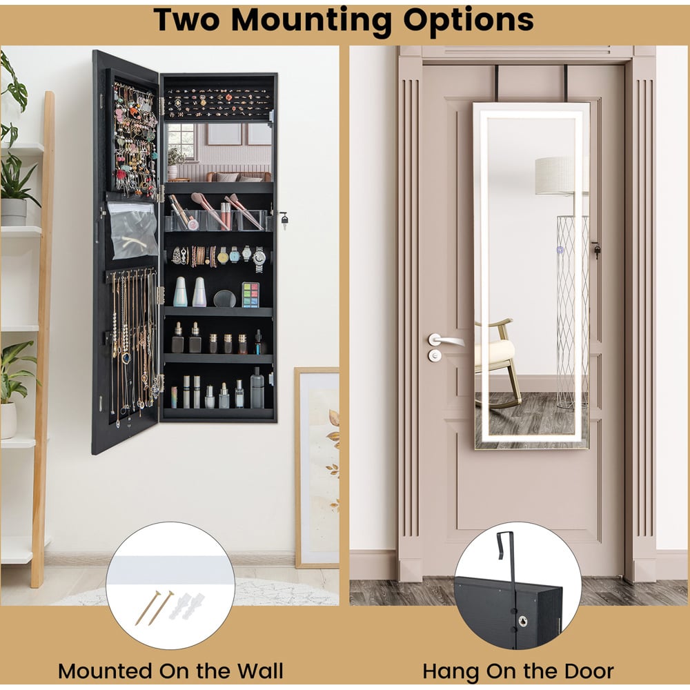 Costway Black LED Mirror Jewellery Cabinet with Lockable Magnetic Door Image 6