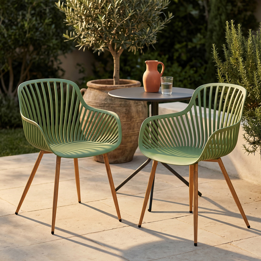 Core Products Set of 2 Moss Green Sunray Design Wood Effect Legs Garden Bistro Armchair Image 1