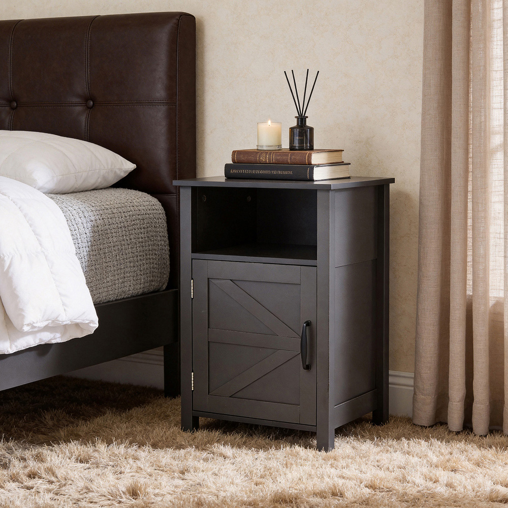 Living and Home Single Door Single Shelf Grey Bedside Table Image 8