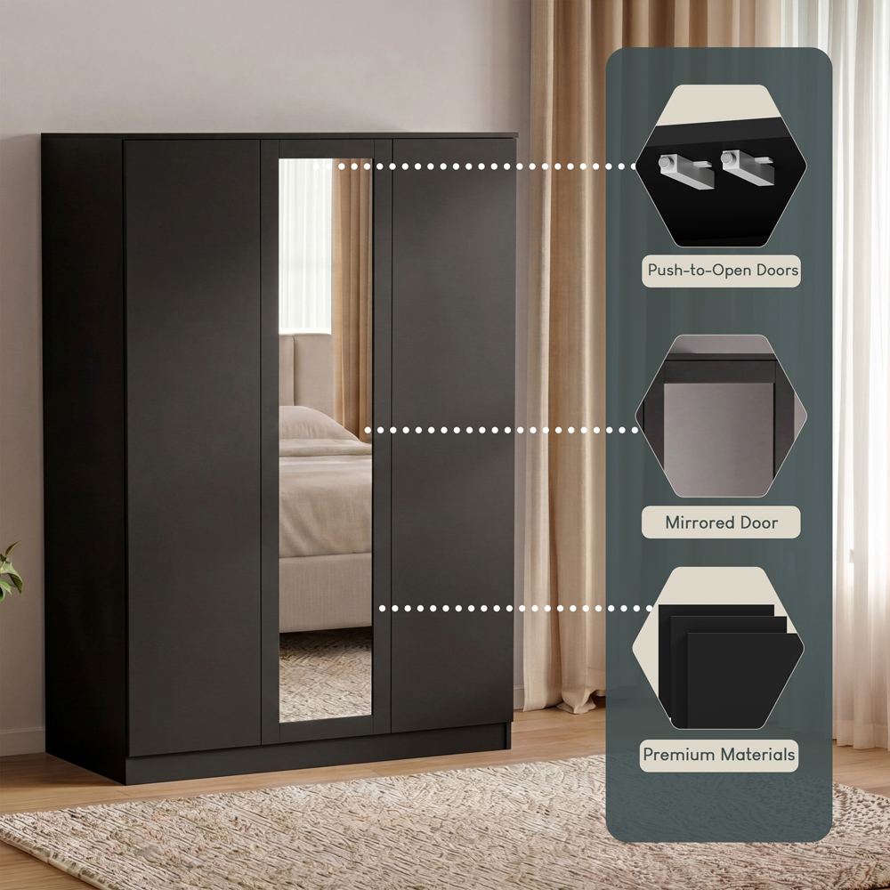VIDA DESIGNS Denver 3 Door Black Mirrored Wardrobe Image 6