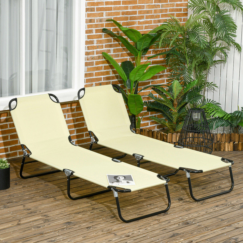Outsunny Set of 2 Beige Adjustable Folding Sun Lounger Image 7