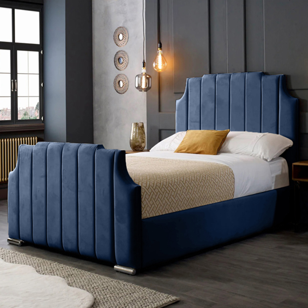 Eleganza Home Nelson King Size Blue Plush Velvet Bed Frame with Headboard Image 1