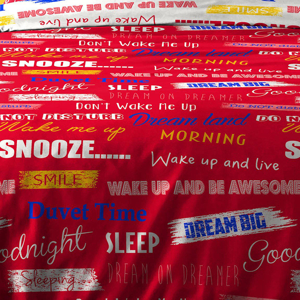 Velosso King Size Red Snooze Wake Me Up Theme Slogan Duvet Cover Set Image 3