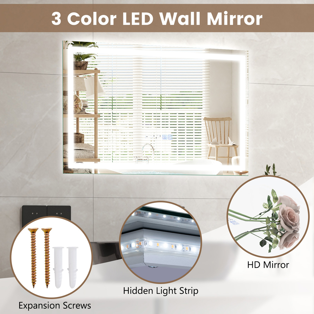 Costway 3 Colour LED Wall Mounted Rectangle Mirror Image 6