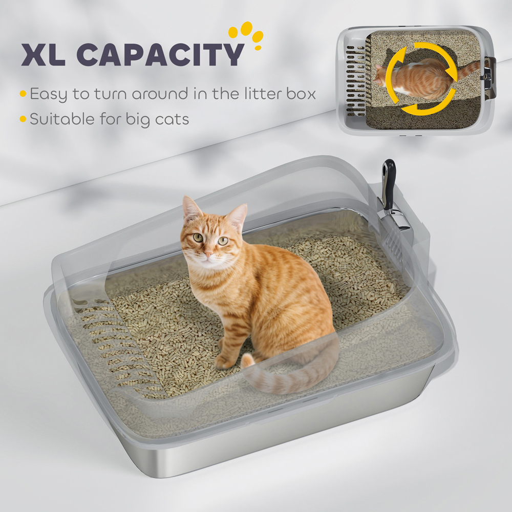 PawHut XL Grey Stainless Steel High Sided Cat Litter Tray with Scoop Image 6