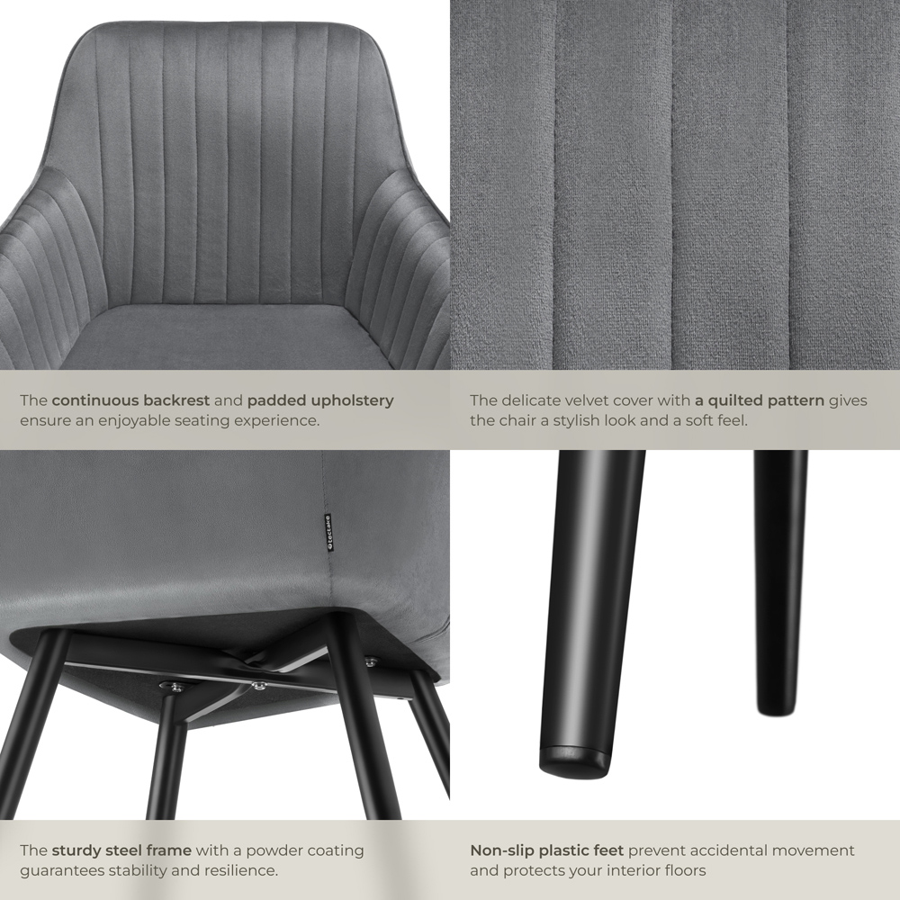 tectake Marilyn Grey Velvet Quilted Chair Image 6