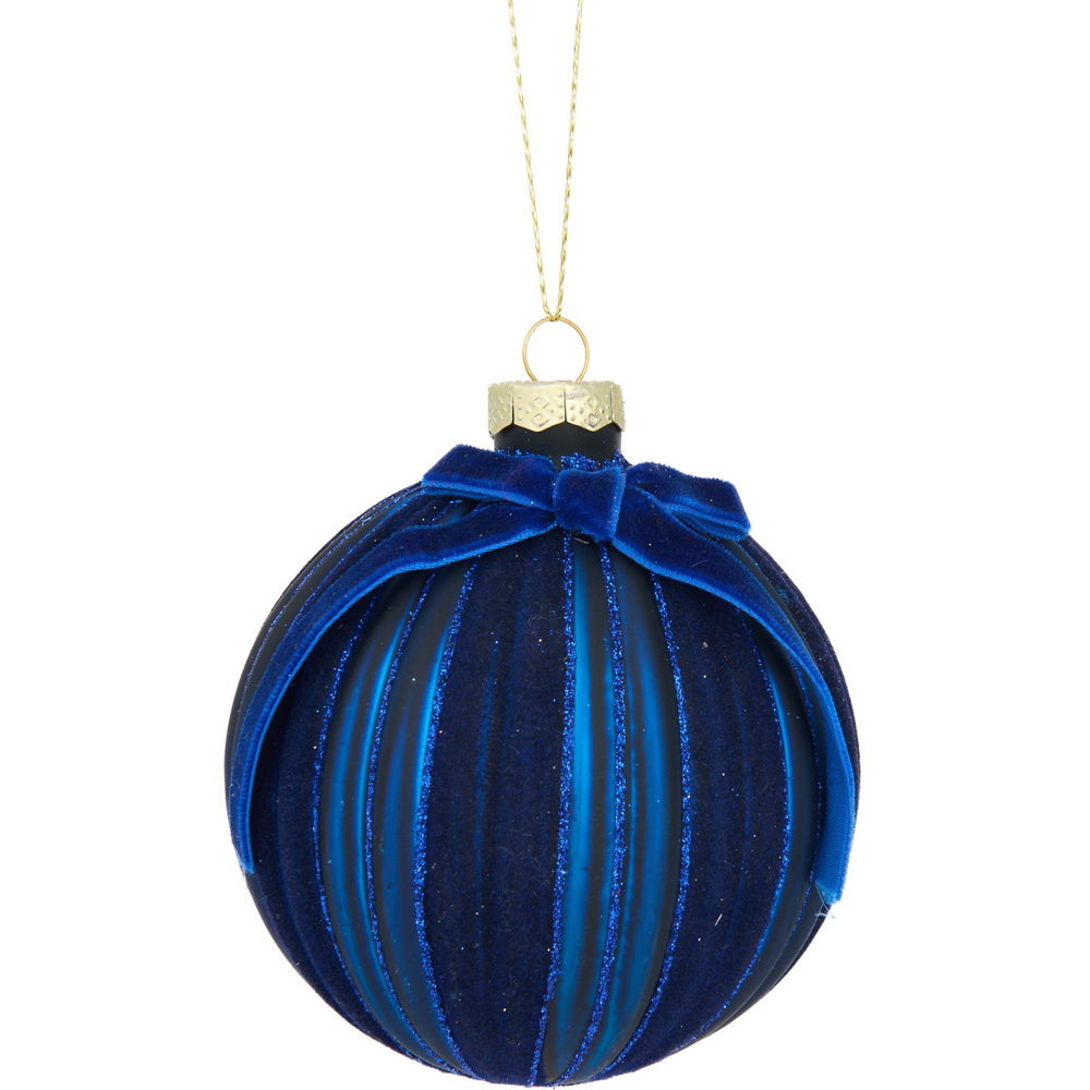 Navy Glitter Flocked Bow Bauble Image 5