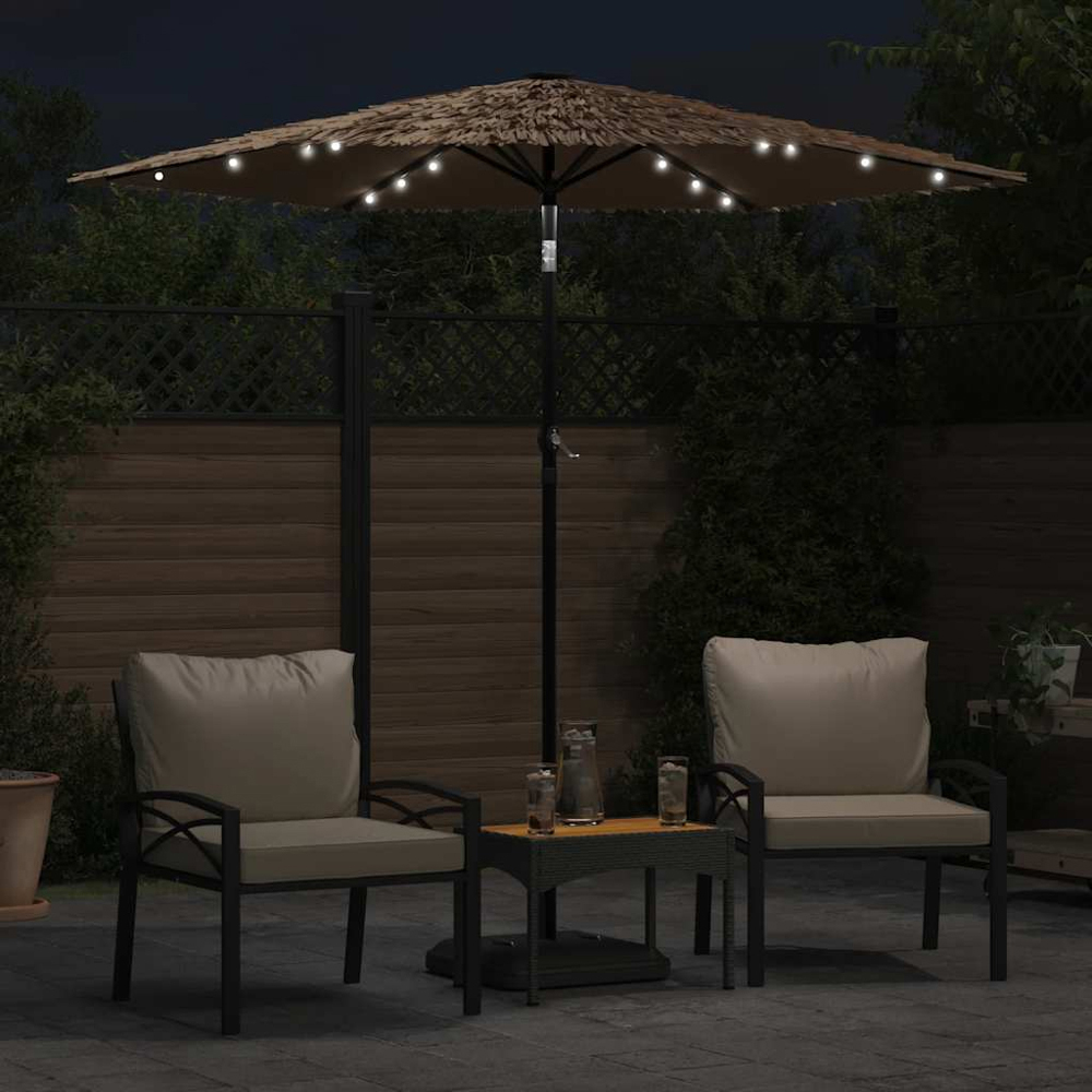 vidaXL Brown LED Light Straw Top Garden Parasol with Steel Pole 2.2m Image 2