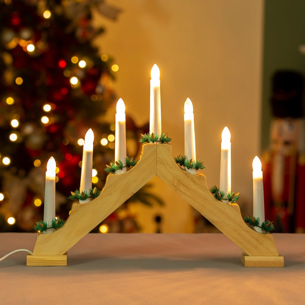 The Christmas Workshop 7 LED Pine Wooden Candle Bridge Light Image 1