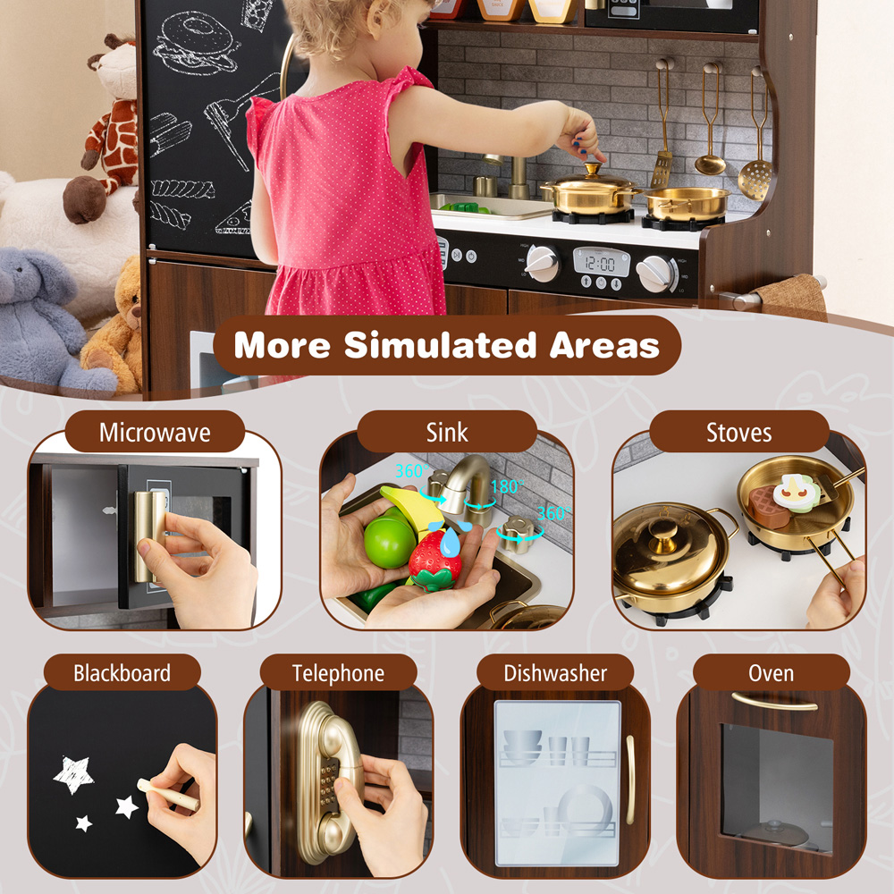 Costway Toddler Rustic Brown Kitchen Play Set with Simulated Sounds Image 4