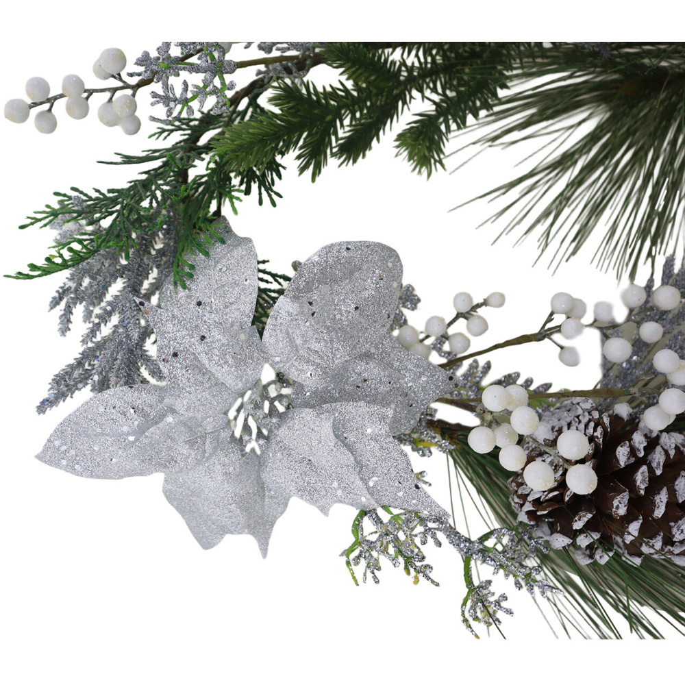 Pre-Lit Silver Poinsettia Garland Image 4