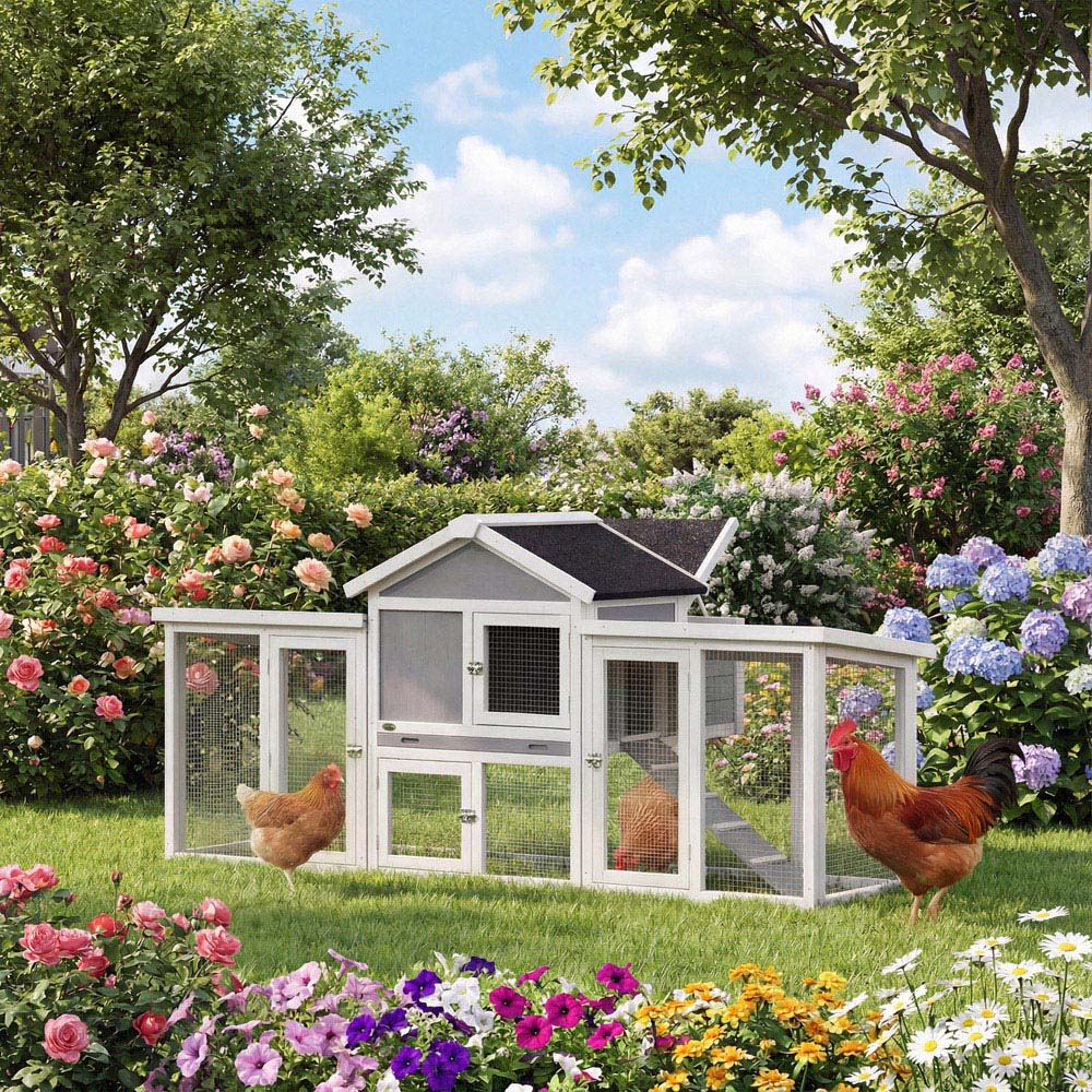 PawHut Wooden Chicken Coop with Nesting Box Run Image 2