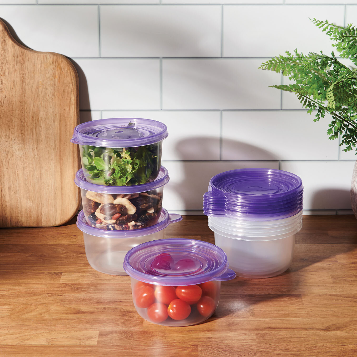 Pack of 10 Round Food ContainersClear and Purple Image