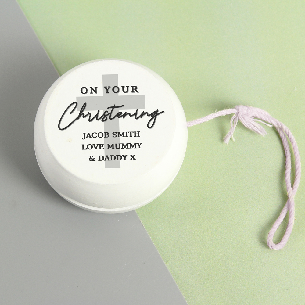 Personalised Memento Personalised On Your Christening White Wooden Yoyo Image 2