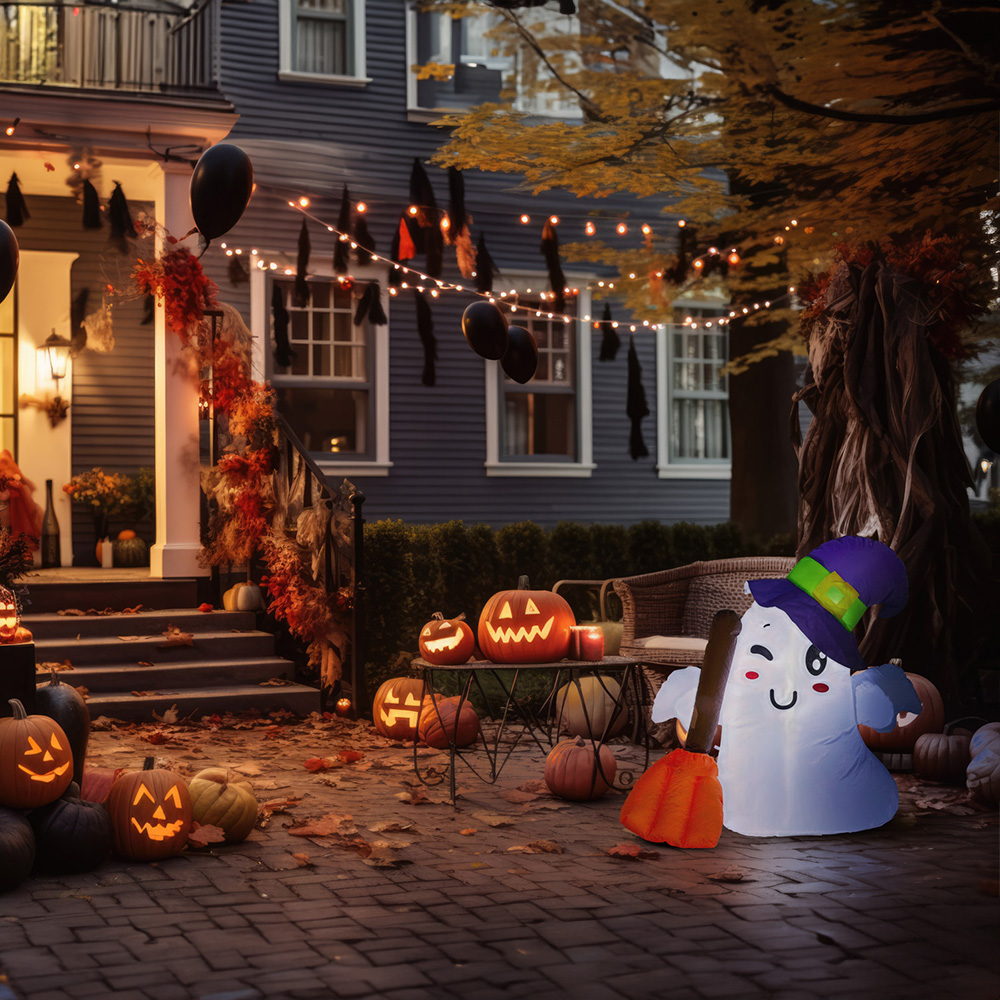 SO Halloween Inflatable Ghost with Purple Witch Hat 3.5ft Image 9
