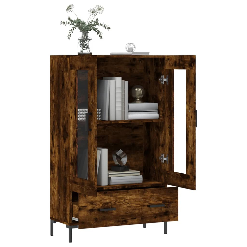 vidaXL 2 Door Glass Single Drawer Smoked Oak Highboard Image 4