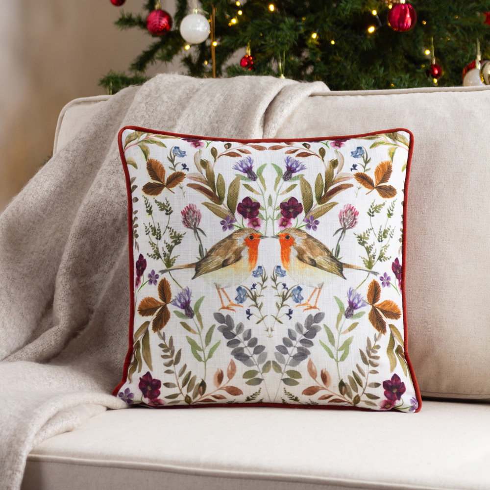 Evans Lichfield Christmas Sunset Mirrored Robin Watercolour Printed Piped Cushion 43 x 43cm Image 4