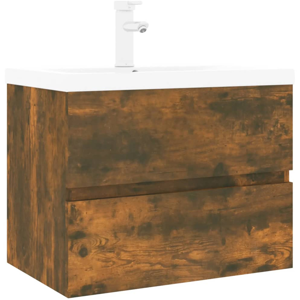 vidaXL 2 Drawer Smoked Oak and White Sink Cabinet with Basin Faucet and Drain Image 2