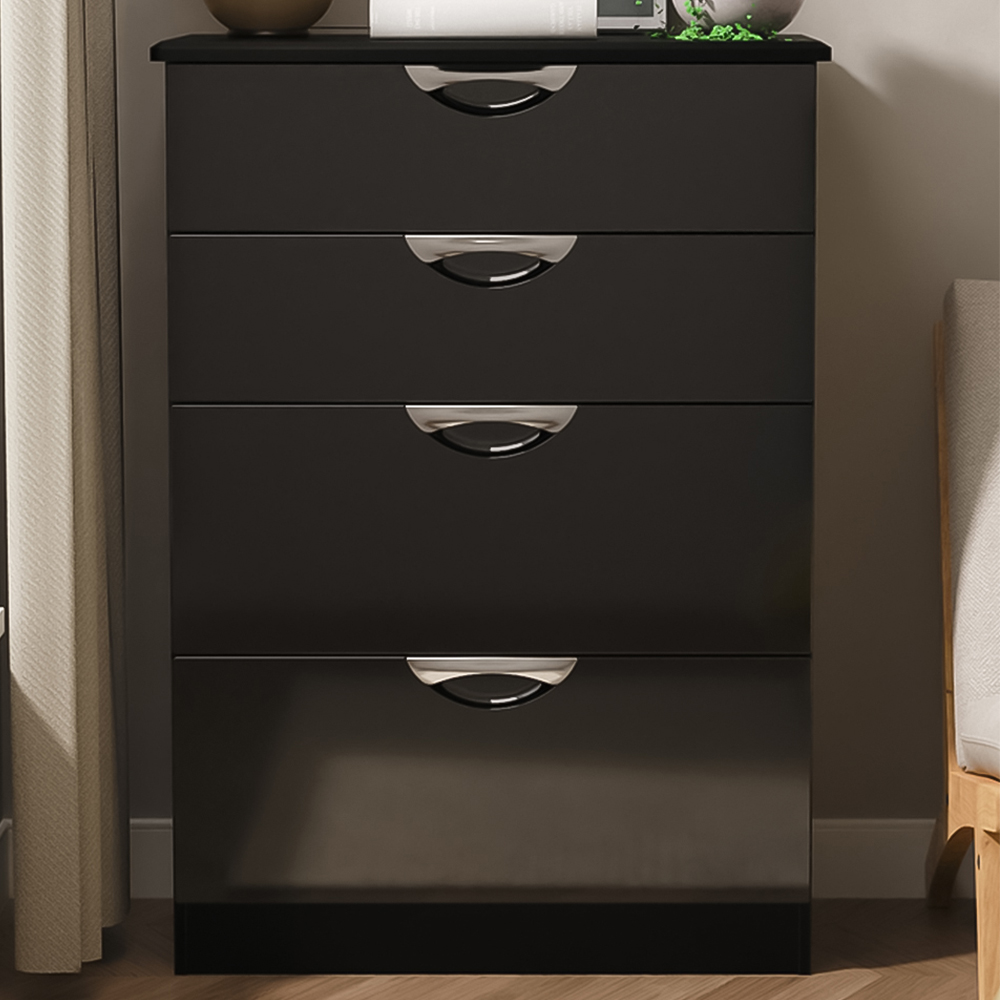 Crowndale Camden 4 Drawer Black Gloss and Black Deep Chest of Drawers Ready Assembled Image 1