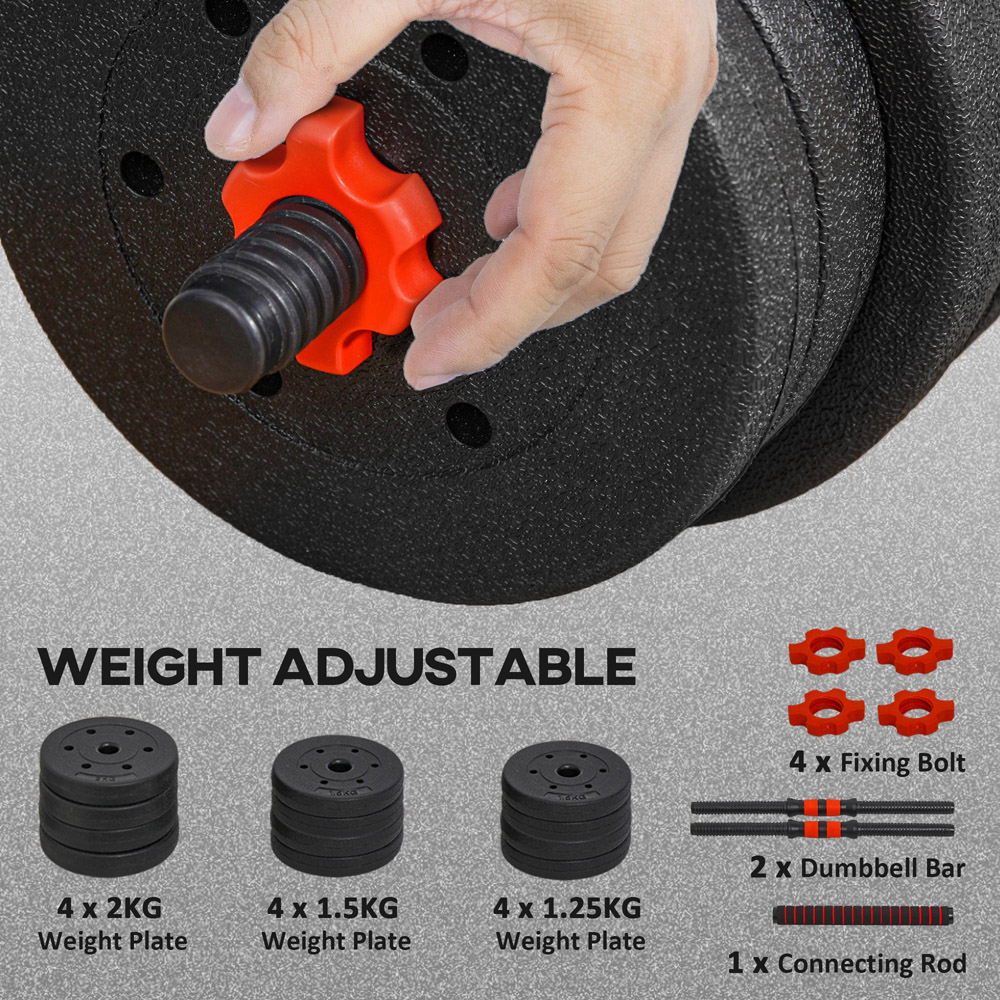 HOMCOM 2 in 1 Black Adjustable Dumbbell Weight Set 20kg Image 6